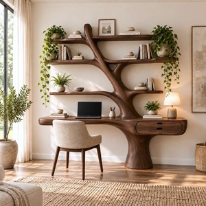 Escritorio de Madera Contemporáneo de Pared DS08 Luxali Hecho a Mano con Estanterías en Forma de Árbol y Cajón para Oficina en Casa - Product Image 3