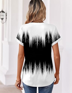 Women V-Neck Short Sleeve Geometric Print T-Shirt Casual Spring Summer Breathable Polyester <b>Top</b> - Product Image 5