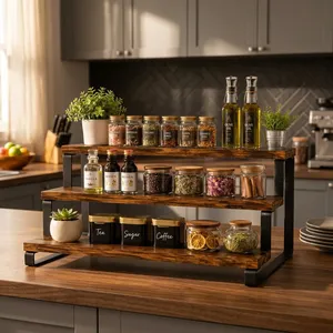 Organizador de encimera de 3 niveles, estante de almacenamiento de madera rústica con estructura metálica resistente, estante multiusos para especias de cocina y café - Product Image 4