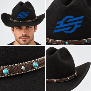 Custom Black <b>Wool</b> Cowboy <b>Hat</b> With Blue Logo Heat Transfer Printing For <b>Men</b> Outdoor Casual Wear 56-58CM - Product Image 6
