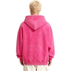 เสื้อฮู้ดดี้ผู้ชายสีชมพูสดใส ผ้าฟลีซหนานุ่ม 100% ผ้าฝ้าย ทรงโอเวอร์ไซส์ สำหรับฤดูหนาว แบบย้อมสีเอซิดวอช  ไม่มีลาย - Product Image 2