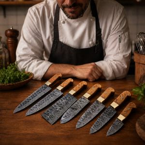 Custom Handmade Seven-Piece Chef <b>Set</b> Straight Edge <b>Sharp</b> Blades Damascus Steel Ambidextrous Wood Handle Leather Sheaths - Product Image 6