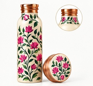 Bouteille d'eau fantaisie en cuivre rose avec motif floral rouge, portable, pour voyage, avec couvercles inclus, idéale pour les mariages et le bureau - Product Image 6