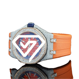 Montre automatique de sport de luxe en argent sterling 925 avec bracelet en caoutchouc orange de 41 mm et pavé complet de moissanite - Product Image 4