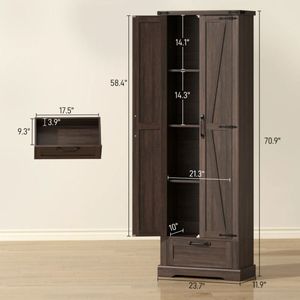 Armario de despensa alto estilo rústico con cajón de puerta corredera y estantes ajustables para cocina - Product Image 5