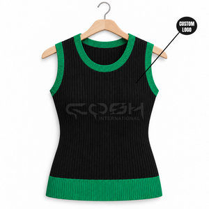 Cosh International Sisterhood Sorority Knitted Sleeveless <b>Tank</b> <b>Top</b> Contrast Color Spliced Casual Wear <b>Black</b> Green Cardigan - Product Image 5