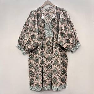 Floral Hand Block Print Handmade Eco-Friendly Cotton V-neck 3/4 Sleeve Lace Ruffle Hem Natural Washable Formal Vintage <b>Dress</b> - Product Image 1