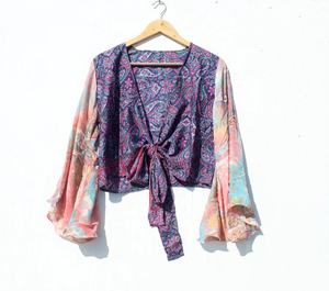 Nouveau haut portefeuille en soie imprimé pour l'été manches cloche haut court robe tunique pour femmes manches longues cloche haut court pour les femmes - Product Image 1