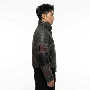 Blouson en cuir brodé à motif géométrique, col montant, fermeture éclair, style motard, pour l'automne - Product Image 3