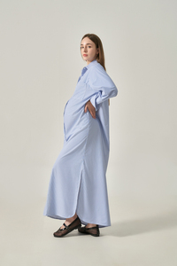 Robe maxi rayée pour femme, en coton tissé, boutonnée devant, col rabattu, coupe ample, style décontracté minimaliste et respirant - Product Image 5