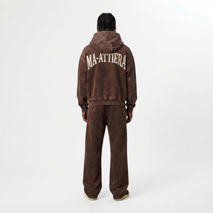 Ensemble survêtement homme personnalisé avec sweat à capuche zippé marron délavé et pantalon de survêtement large – Vente en gros OEM ODM - Product Image 2