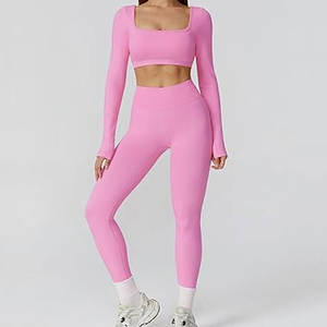 Ensembles de sport pour femmes, haut court à manches longues et dos ouvert, leggings taille haute, ensembles de survêtement pour l'entraînement, ensembles de yoga 2 pièces, tenues athlétiques - Product Image 4
