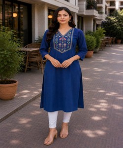 Kurta de Algodón con Estampado Floral para Mujer, Largo Midi, Corte Regular, Estilo Tradicional Informal de India y Pakistán, Verde, Secado Rápido - Product Image 1