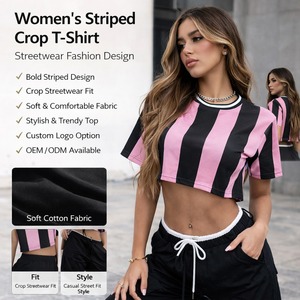 Women's Striped Crop <b>Top</b> Pink and Black Casual Streetwear Graphic Tee Soft Cotton Fabric Custom Logo women's shirt - Product Image 6