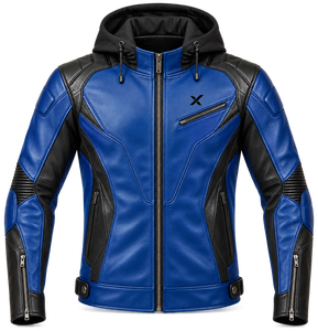 Blouson de moto en cuir à capuche sport |   Bicolore bleu vert rouge noir |   Fabricant OEM ODM |   Qualité de conception haut de gamme |   Course automobile - Product Image 1