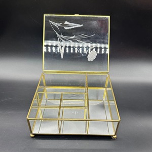 <b>Vintage</b> Clear Glass Jewelry <b>Box</b> With Gold Brass Metal Frame Rectangular Decorative Display Case For Earrings Rings Necklaces - Product Image 1
