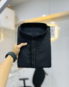 Kurta de Algodón Negro para Hombre con Bordado, Conjunto Churidar Blanco, Ropa Casual Tradicional India y Pakistaní, Largo hasta el Tobillo, Corte Regular - Product Image 4