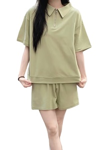 Summer Polo Collar Pajama Set Breathable Loose-Fitting Casual Sporty Short Sleeve Shorts Two-Piece for Women Solid Color Ribbed - Product Image 2