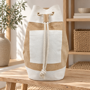 Natural PP Jute <b>Drawstring</b> Duffle <b>Bag</b> 41x51x25cm <b>Canvas</b> Pocket Reusable Eco Friendly Custom Logo Wholesale OEM Private Label <b>Bag</b> - Product Image 5