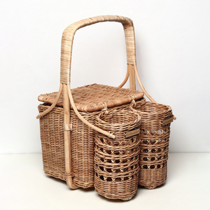 Hand Woven Rattan Camp Picnic Basket Multiple Designs Hamper Bag With Wine <b>Storage</b> Compartment - Product Image 1