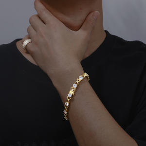 Luxury Men's 18K Gold Plated Chain <b>Bracelet</b> Round Diamond Claw Setting Geometric Link Design Everyday Wear Jewelry - Product Image 1