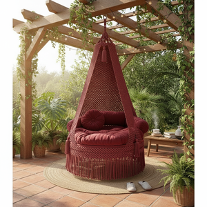 Fauteuil suspendu en macramé marron de 72 pouces avec coussin en velours, pompons et corde pour intérieur, extérieur, jardin, chambre - Product Image 6