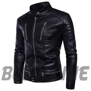 Chaqueta de Motociclista de Cuero PU Negra para Hombre, Corte Ajustado, Cuello Alto, Cierre de Cremallera, para Otoño - Product Image 2