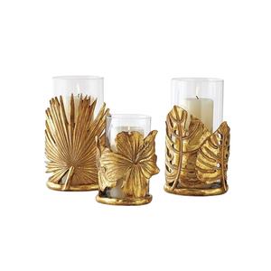 Lot de 3 bougeoirs fantaisie décoratifs nouveau design avec dessus de table finition dorée bougeoirs en forme de feuille et de fleur - Product Image 1