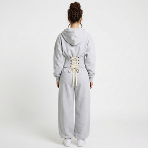 Conjunto de Sudadera Corta con Detalle de Corsé y Pantalones Anchos de Cintura Ajustada para Mujer, Chándal Personalizado de Felpa de Algodón Grueso - Product Image 2