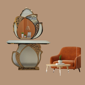 Miroir élégant en acier inoxydable 304 avec cadre PVD et table console en tissu stratifié, design mural décoratif pour mariage - Product Image 4