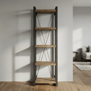 Étagère à livres en bois moderne industrielle à 4 niveaux avec cadre en métal grillagé pour le salon, le bureau à domicile, le rangement - Product Image 4