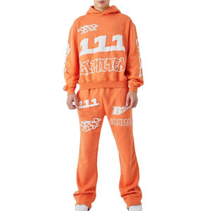 Conjuntos Deportivos para Hombre, Cómodos y Ligeros, con Estampado Puff, 100% Algodón, Capucha con Cuello, Diseño Sólido, para Correr en Invierno - Product Image 1