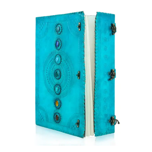 Carnet A5 en cuir bleu océan, cousu main, avec sept chakras gravés, fait main, avec pierres semi-précieuses, 120 feuilles, écologique, idéal comme cadeau - Product Image 1
