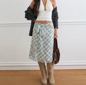 Jupe portefeuille écossaise pour femme en mousseline tissée, longueur genou, avec nœud décoratif, style décontracté d'été, taille naturelle, vêtement élégant - Product Image 2