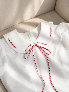 Conjunto de Dos Piezas Texturizado Blanco para Mujer, Blusa con Cuello Peter Pan y Falda Mini de Cintura Alta con Corte en A, EROVA - Product Image 6