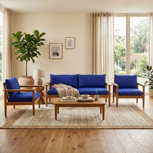 Ensemble de chaises de salon en teck massif avec coussins bleus, fauteuils de patio extérieurs faits à la main, ensemble de meubles de salon - Product Image 3