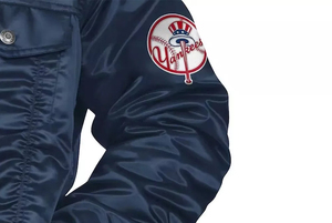 Chaqueta Bomber de Satén Azul Marino de Nueva York con Logotipo del Equipo de Béisbol, Chaqueta Varsity Ligera con Botones - Product Image 3