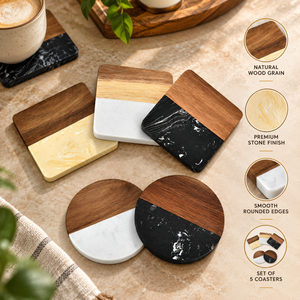 Juego de Posavasos de Madera de Mango con Diseños Cuadrados y Redondos para Tazas de Café y Té |   Posavasos Decorativos para Mesa de Comedor, Decoración del Hogar - Product Image 4