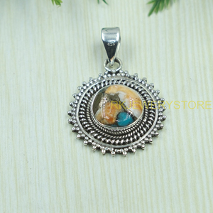 925 Sterling Silver Orange Copper Turquoise Pendant Round Vintage Boho Handmade Statement Jewelry Gift for Women <b>Girlfriend</b> her - Product Image 2