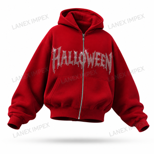 Sweat-shirt à capuche zippé rouge surdimensionné personnalisé pour homme avec logo en strass, style streetwear épais, décontracté, hip-hop - Product Image 3