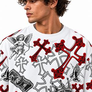 Camiseta Oversize de Cuello Redondo para Hombre, Manga Corta, Estilo Urbano, con Estampado Integral de Cruz y Corona de Ángel - Product Image 5