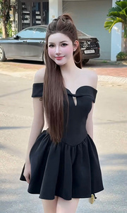 เดรสสั้นทรงเอไลน์แบบวินเทจสุดหรู ดีไซน์ผูกโบว์ด้านหน้า เปิดไหล่ กระโปรงบานเข้ารูปช่วงเอว ระบายอากาศได้ดีสำหรับผู้หญิง - Product Image 3