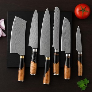 High Quality Handmade Stainless Steel Etched Blade Pattern Design Chef <b>Knife</b> <b>Set</b> 7-Piece Wood Handle Straight - Product Image 2