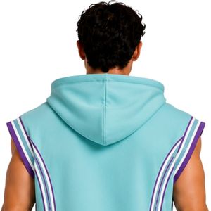 Custom Mens Aqua Purple <b>Sleeveless</b> Hooded Tracksuit Set Custom Logo Gym Fitness Training Sports <b>Hoodie</b> And Shorts Activewear - Product Image 5