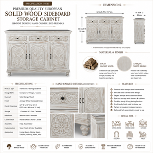 Classic White Eco-friendly Premium Quality Mango Wood Hand Carved Floral Buffet <b>Cabinet</b> <b>Sideboard</b> for Dining <b>Kitchen</b> Hallway - Product Image 4
