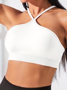 Female Halter Cross Neck Running Bra Ribbed Band Spaghetti Strap Athleisure <b>Crop</b> <b>Top</b> Custom Logo Heat Transfer Printable - Product Image 1