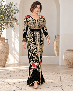 Mishkat Couture Moroccan Caftan Plum <b>Velvet</b> <b>Maxi</b> <b>Dress</b> Breathable Elegant Party Wear <b>Long</b> <b>Sleeves</b> Belt V Neck Flared Hem - Product Image 4