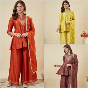 Ensemble Kurti et Palazzo en Soie Vichitra Traditionnelle Élégante avec Broderie à Sequins Lourds, Séchage Rapide et Extensible pour Femme - Product Image 2