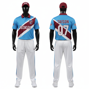 Men's <b>Cricket</b> Uniform Set 180 GSM Moisture Wicking Polyester Interlock <b>White</b> Green Collar Blue Gold Panel Sublimation Logo - Product Image 2