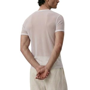 T-shirt à manches courtes en maille fine avec bordure contrastée blanche, tissu polyester, léger, respirant, doux, vêtements décontractés d'été pour hommes, chemises en maille - Product Image 2